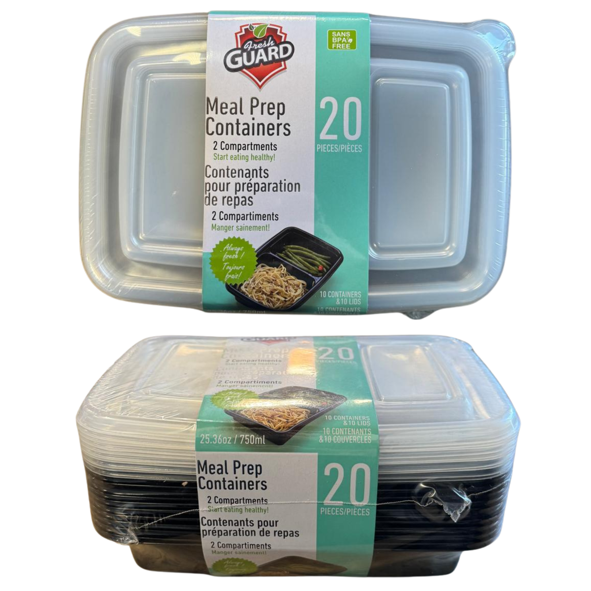 Recipientes de preparación de comidas FreshGuard de 2 compartimentos, paquete de 20 unidades