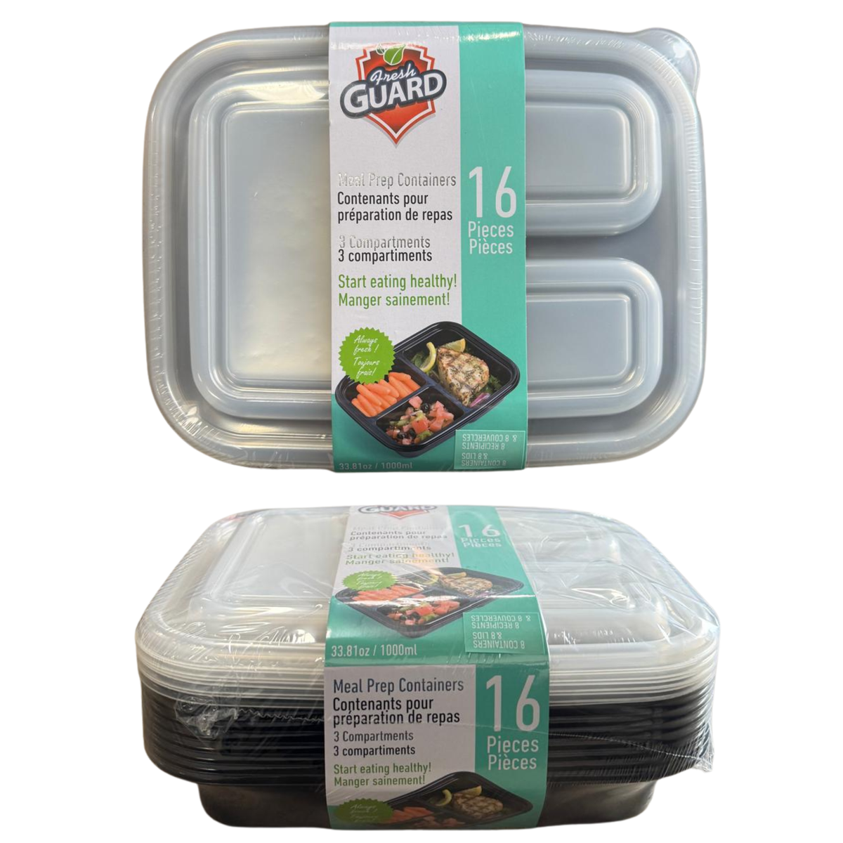 Recipientes de preparación de comidas FreshGuard de 3 compartimentos, 1/16 ct
