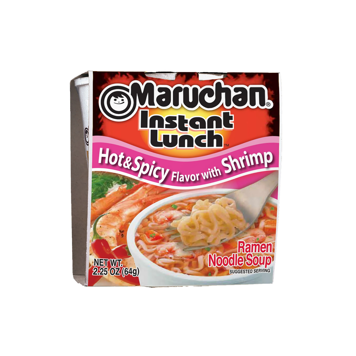 Vaso de sopa ramen Maruchan sabor camarón picante, 12 unidades de 2.25 oz cada una
